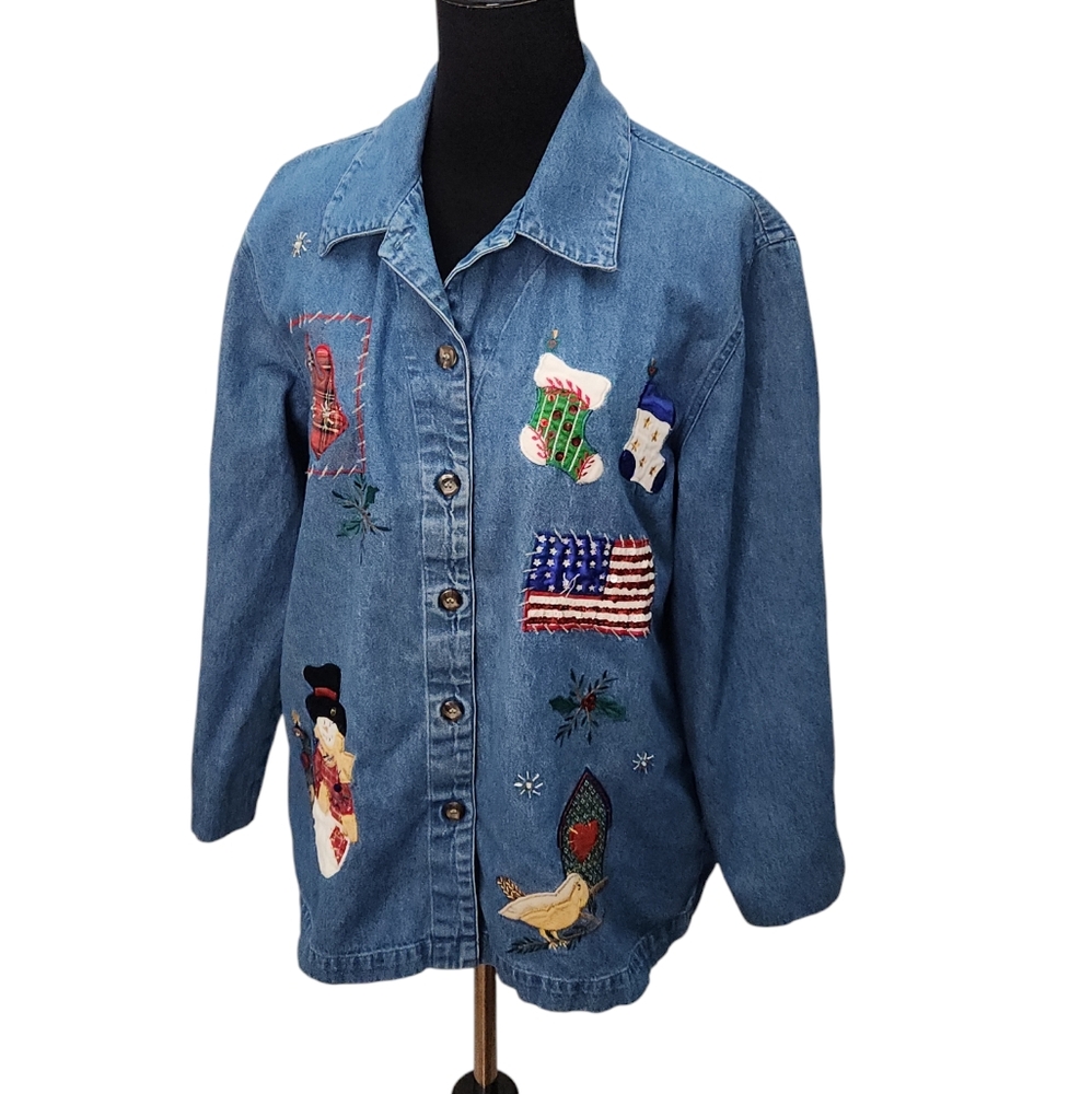Vintage 1990's Casey &‎ Max Denim Christmas Holiday Denim Shirt  Size Medium